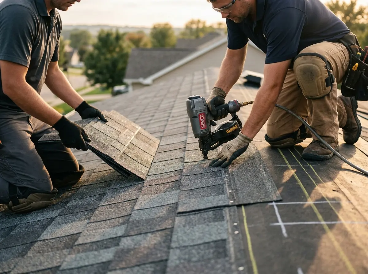 Professional roofer working on a residential roof in Cloverdale